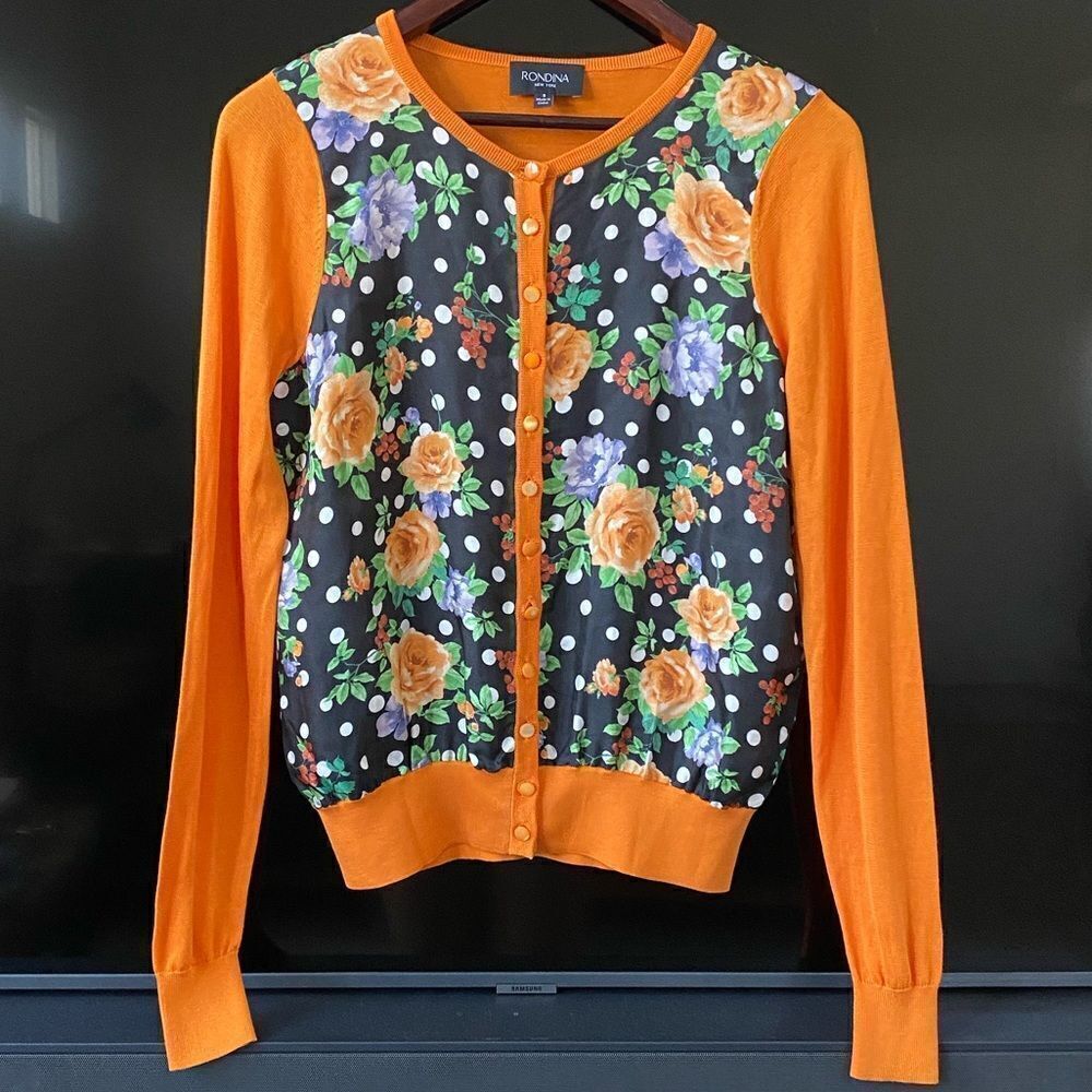 Rondina Orange Floral Scoop Neck Cardigan Sweater, Size S